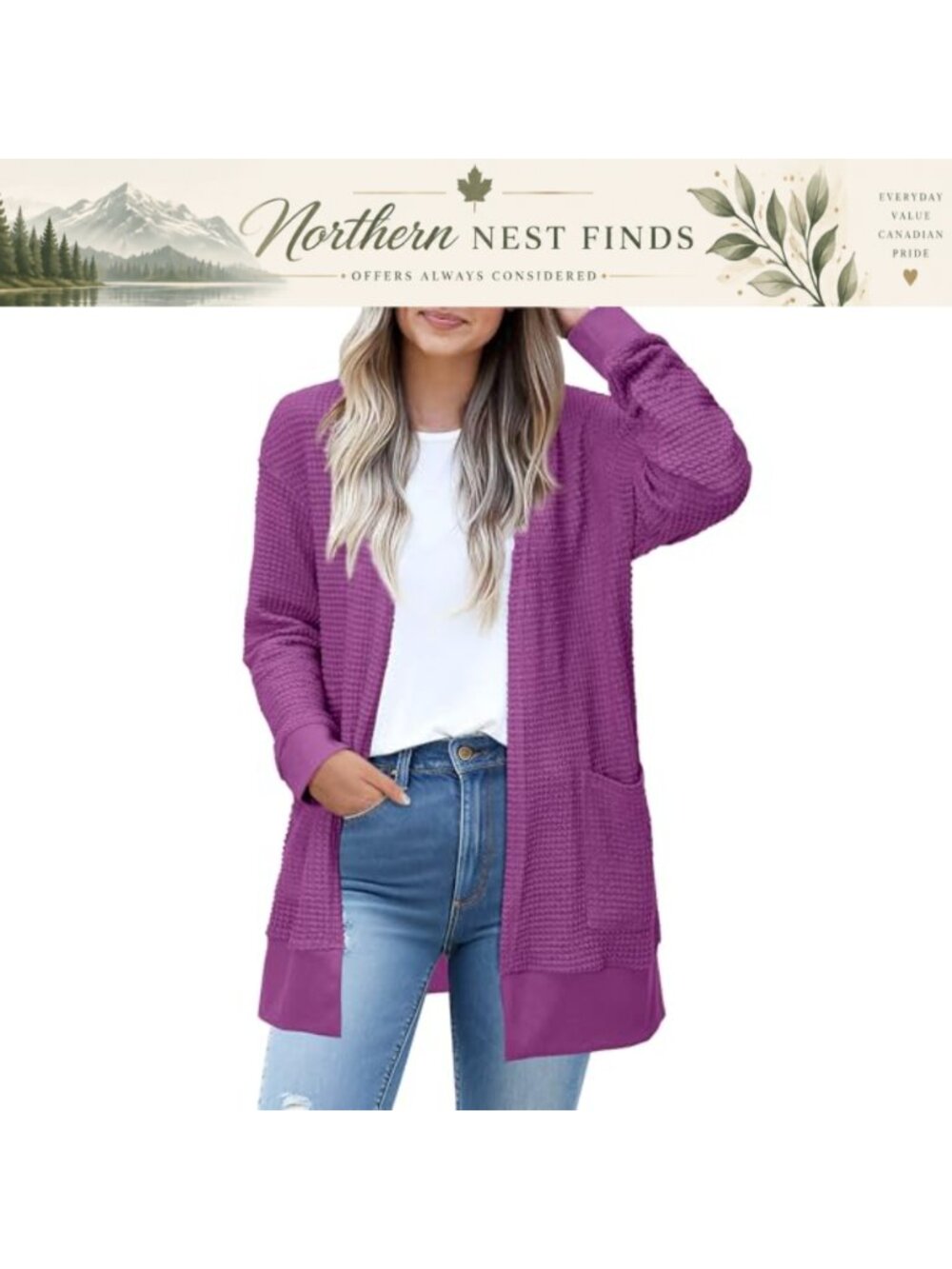 Womens Waffle Knit Open Front Cardigan Lightweight Sweater with Pockets